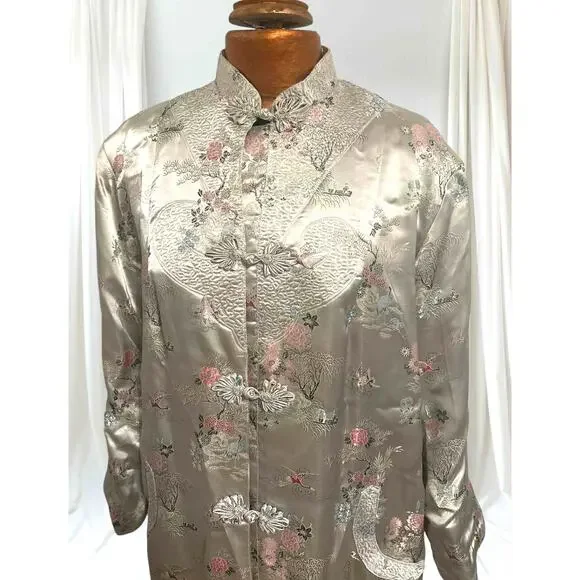 Vtg Gold Asian Satin Brocade Long Cheongsam Robe Jacket Embroidered Floral Sz XL - Picture 5 of 13